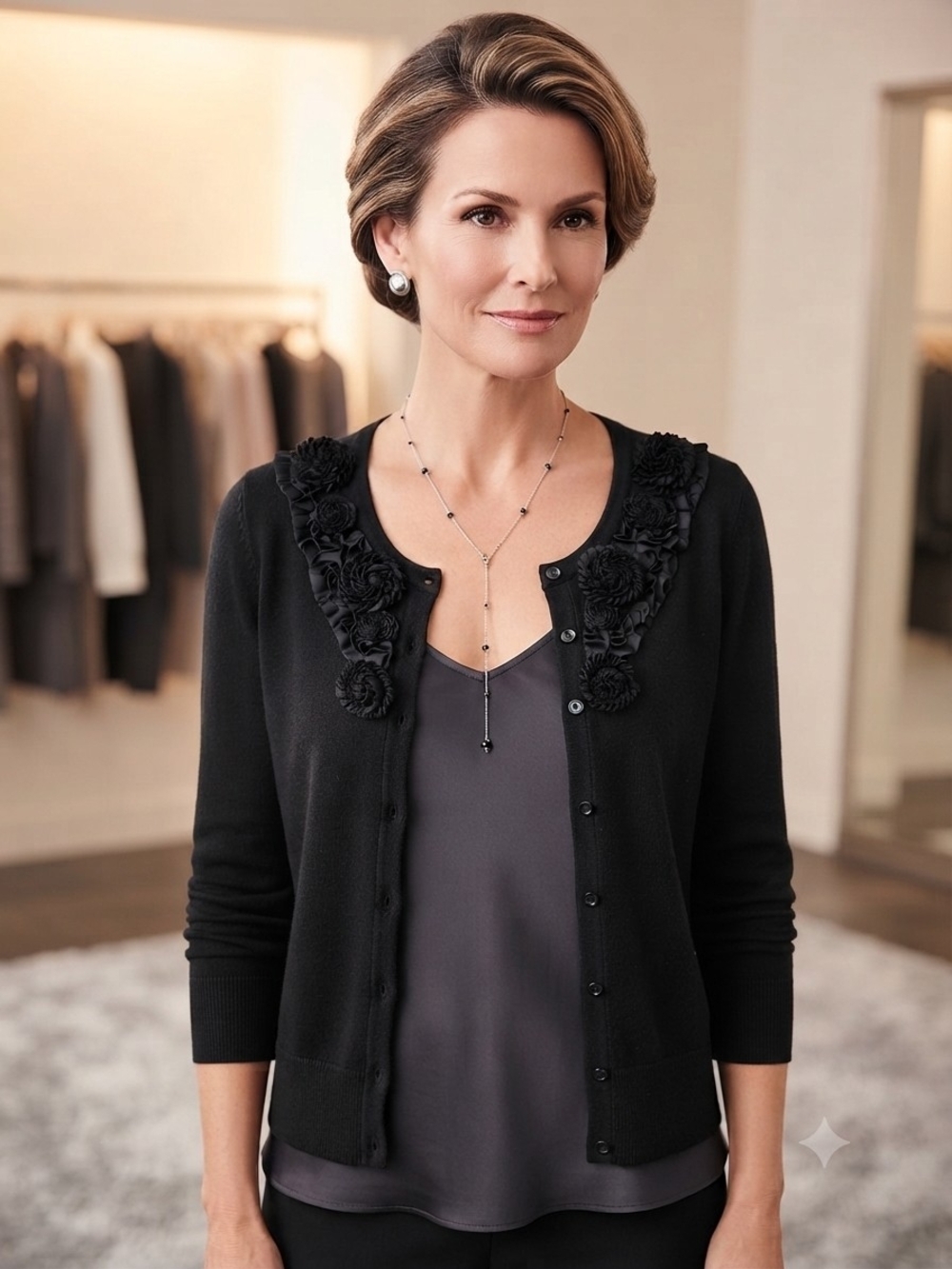 White House Black Market Black Floral-Appliqué Cardigan